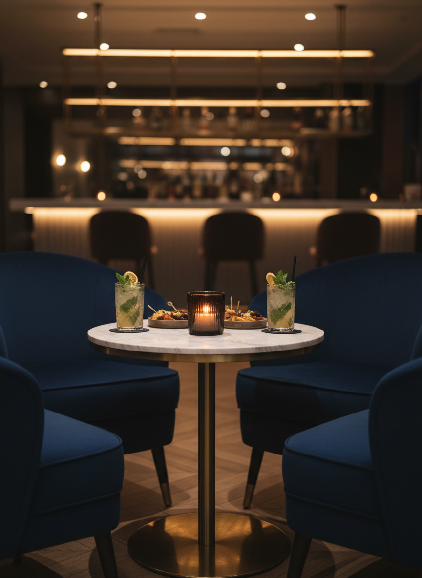 An intimate lounge seating vignette emphasizing the relaxed social atmosphere of Social Plate. A pair of deep navy velvet armchairs with curved backs face a low, round marble-topped table that holds a single flickering candle in a smoked-glass holder, a pair of artfully garnished mocktails, and a small plate of shared bites. In the softly blurred background, the contour of the bar and ambient architectural lighting suggest subtle movement and quiet energy, without showing any people. Warm, indirect lighting from recessed ceiling fixtures creates gentle highlights on the upholstery and table edge, casting soft shadows on the herringbone wood floor. Captured at eye level with a shallow depth of field and rule-of-thirds composition, the photographic realism and rich textures evoke a sophisticated, cozy, and welcoming atmosphere for evening gatherings.
