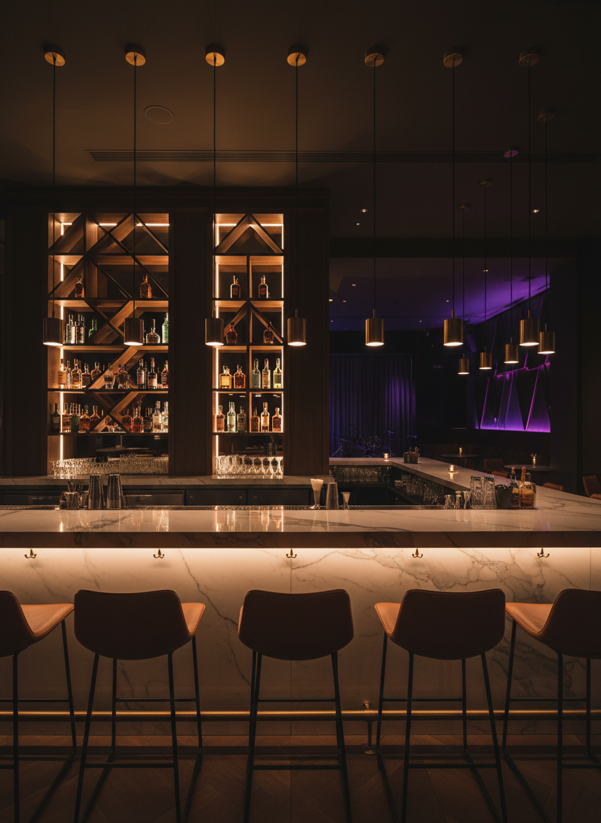 A stylish cocktail bar interior designed for a relaxed, music-filled lounge experience. A long marble-topped bar stretches across the frame, its veined white surface reflecting the glow of integrated LED strip lighting beneath the edge. Behind it, a floor-to-ceiling backbar of dark wood and smoked glass showcases an organized display of bottles and glassware. High-backed barstools with cognac leather seats and slim black metal frames line the counter. Overhead, a row of modern brass pendant lights casts warm pools of light, while subtle colored accent lights hint at live music in an adjacent area. Shot from a slightly elevated, wide-angle perspective, the composition emphasizes depth and symmetry. The photographic realism and moody, low-key lighting create an atmosphere that is sophisticated, intimate, and perfect for lingering conversations.