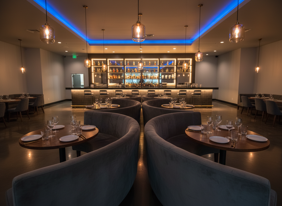 A sophisticated dining lounge interior in Fayetteville, NC, captured in photographic realism. Low, charcoal-colored velvet banquettes curve around polished walnut tables set with minimalist white plates, crystal stemware, and brushed gold flatware. The bar in the background glows with backlit bottles arranged on dark glass shelves. Warm pendant lights with smoked-glass shades cast a soft amber glow, creating gentle reflections on the glossy concrete floor. The atmosphere feels relaxed yet upscale, with subtle hints of blue accent lighting along the ceiling coves. Shot at eye level with a wide lens, the composition leads the viewer from the foreground tables into the inviting depth of the room, maintaining sharp focus throughout for a clean, modern, and refined aesthetic.