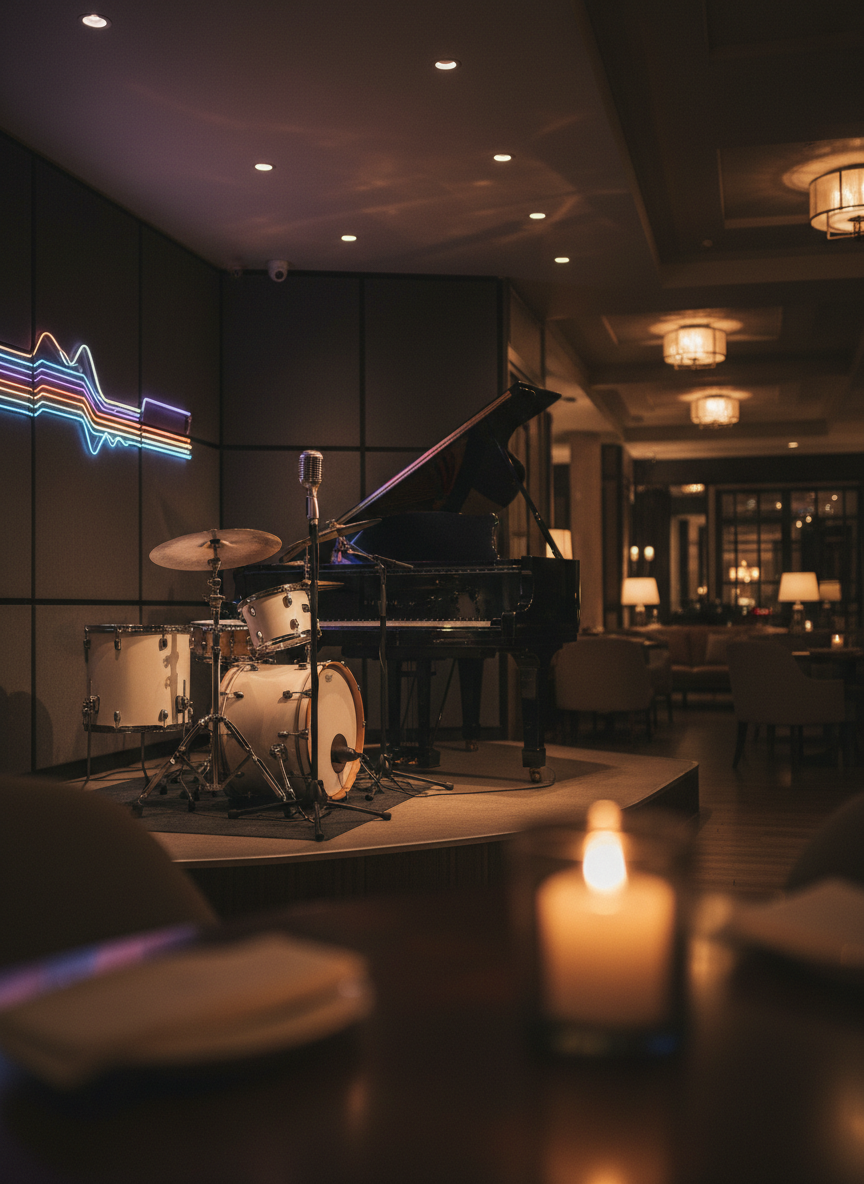 A live music corner inside an upscale dining lounge, captured in cinematic, photographic detail. A gleaming black baby grand piano anchors the scene, its polished surface reflecting the ambient warm light. Nearby, a slender vintage-style microphone stands ready beside a minimalist drum kit with a matte white finish and brushed metal hardware. The stage platform is framed by dark acoustic wall panels and a subtle neon-style abstract graphic that suggests rhythm without using text. Soft spotlights from above create pools of light on the instruments, while the surrounding lounge remains in a gentle, cozy darkness. Shot from a low angle toward the stage, with the front edge of a candlelit table blurred in the foreground, the image conveys an elegant, intimate, and relaxed nighttime atmosphere ideal for Social Plate’s music-infused dining experience.