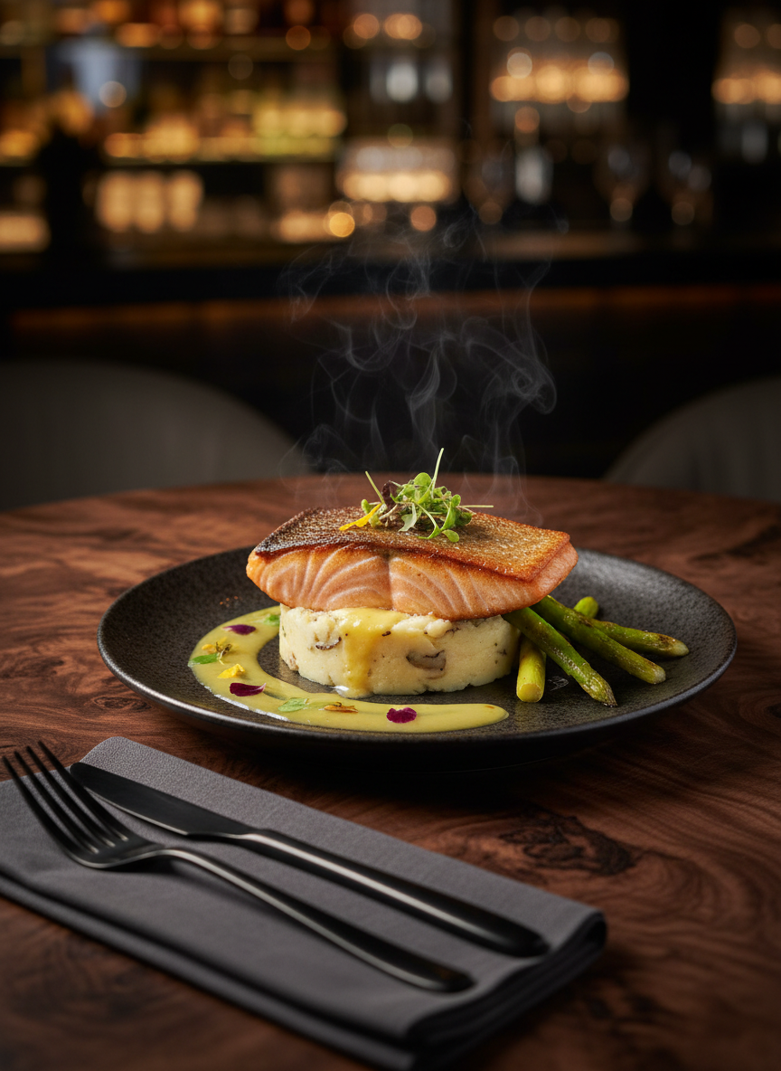 An artfully plated entrée on a dark stoneware plate, styled for an upscale dining lounge menu in Fayetteville, NC. The dish features seared salmon with a perfectly crisped, golden skin, resting on a bed of truffle-infused mashed potatoes, accented by roasted asparagus spears and a delicate drizzle of citrus beurre blanc. Microgreens and edible flower petals add a sophisticated touch of color. The plate is positioned on a rich walnut tabletop with subtle wood grain, accompanied by a folded charcoal linen napkin and sleek matte-black flatware. Warm, focused overhead lighting highlights the textures and steam, while the background dissolves into a soft bokeh of an elegant lounge bar. Captured from a slightly elevated three-quarter angle with shallow depth of field, the mood is indulgent, polished, and inviting.